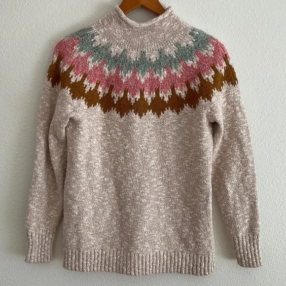 L.L. Bean Women's Cotton Ragg Sweater Funnelneck Pullover Fair Isle - Picture 3 of 7